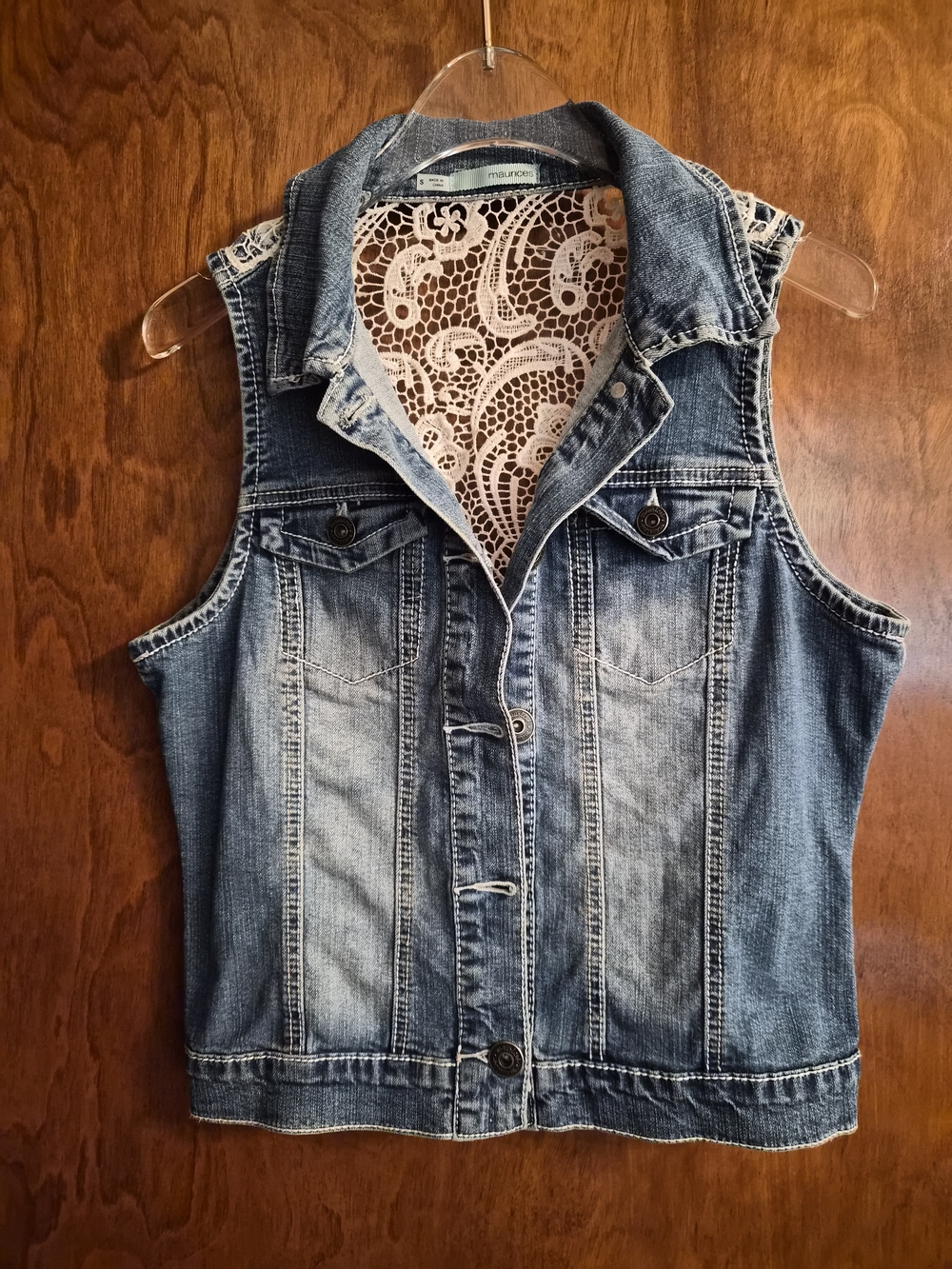 Maurices Floral Lace Crochet Denim Vest Size S